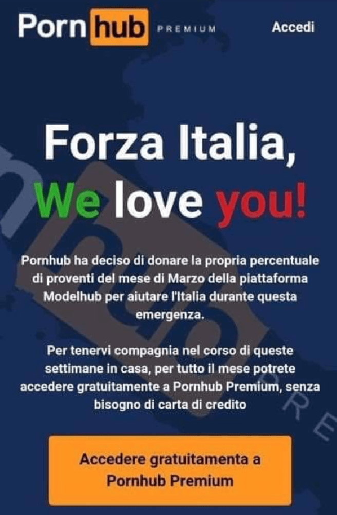 Pornhub ofrece premium gratis a los italianos por coronavirus